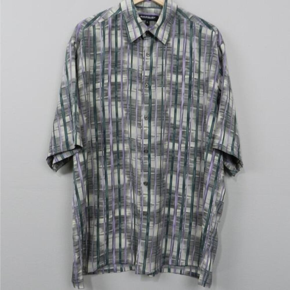 Vintage 90s‎ Bassiri Button Up Shirt Mens L Gray Purple Silky Printed Art *Flaw